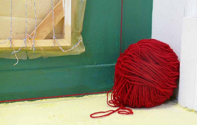 Red Wool (cropped): John Naccarato, Vertebra, Part 2: The Skinning of Memory (VP2) Detail. Artist Studio, University of Ottawa, Ottawa, Canada